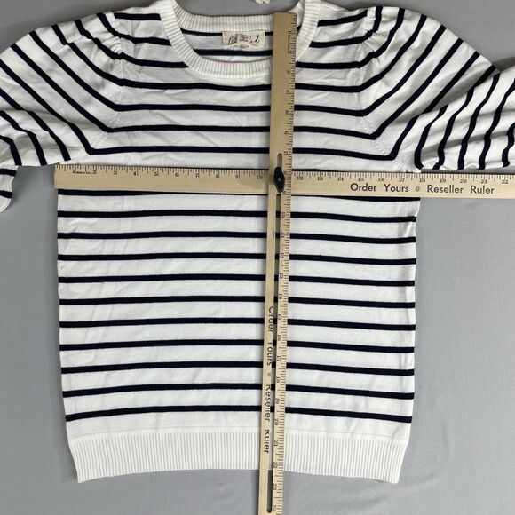 Marled Short Sleeve Sweater Women's Small Ivory Navy Stripped Preppy Basic - Picture 12 of 14